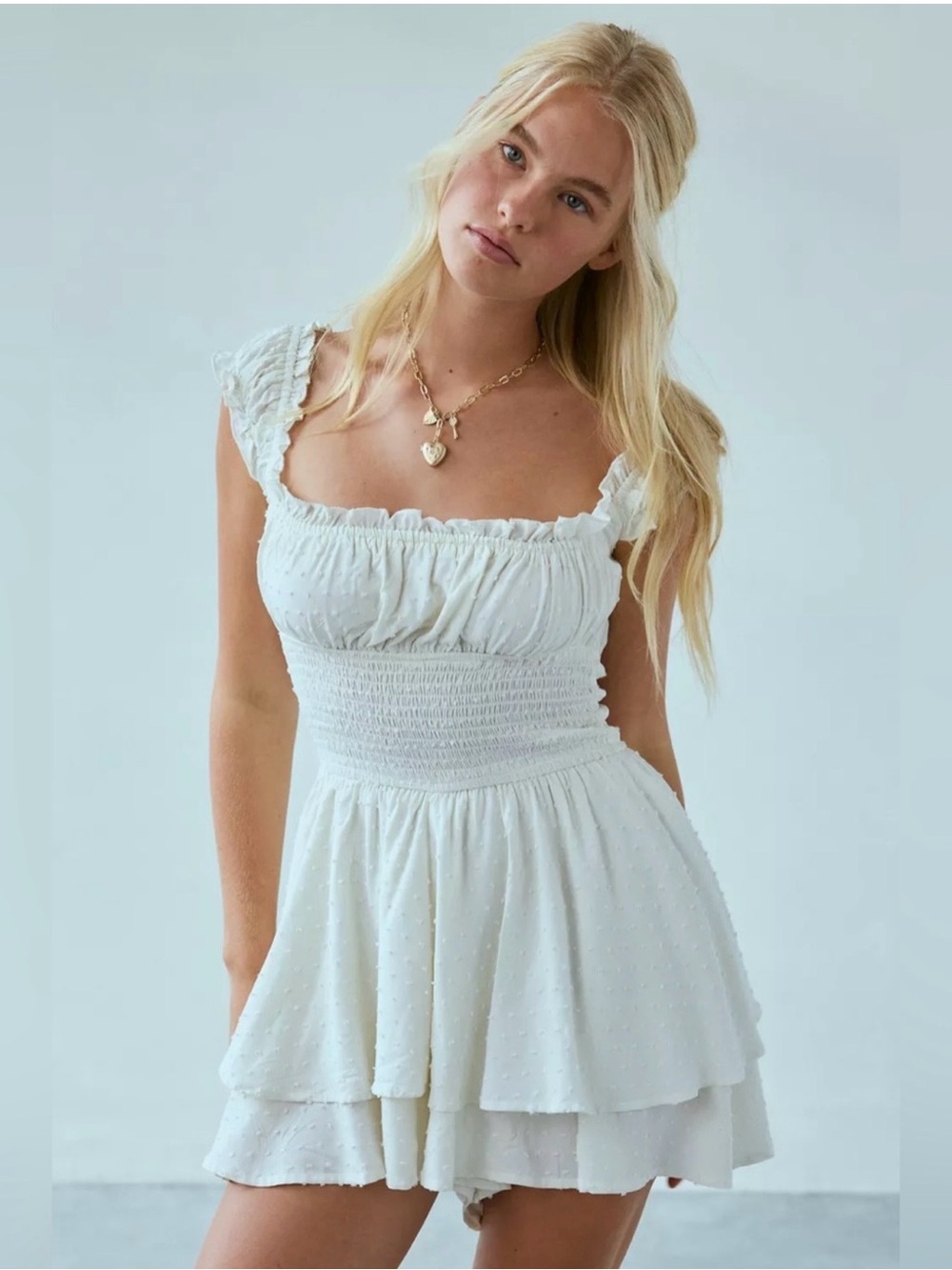 Urban Outfitters White Smocked Ruffle Romper